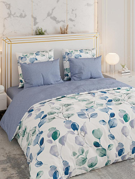 Комплект постельного белья 2,0сп LUCKY (пододеяльник 175х215см, простыня 200х220см, наволочки 50х70см-2шт) Эвкалипт акварель сатин хлопок 000000000001225226