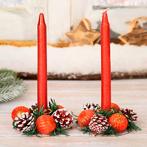 Новогодние свечи 4шт 3,5х11х15см Красный блеск с подсвечником 000000000001209796