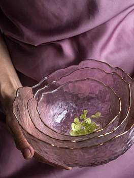 Салатник 17см/620мл LUCKY средний розовый с золотой каймой стекло 000000000001215289