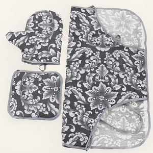 Набор для кухни рогожка 3 предмета ПОСУДА ЦЕНТР (фартук, рукавица, прихватки), Узоры, ХЛОПОК 100%, PC05347 000000000001194462