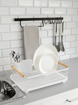 Сушилка кухонная 42x30x16см DE'NASTIA с поддоном и ручками белый железо/ПП/бук 000000000001227723