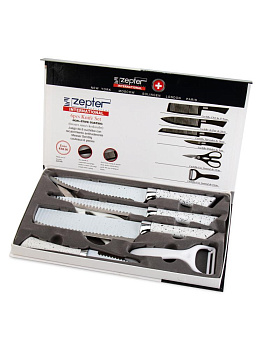 Набор ножей 6предметов(нож-измельчитель18,4см, шеф-нож17,5см, нож для мяса18,3см, нож для овощей8,4см, ножницы, овощечистка)нержавеющая  сталь/пластик 000000000001228526