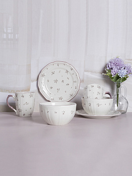 Набор столовой посуды 6 предметов DE'NASTIA vintage breakfast цветочный принт фиолетовая кайма фарфор 000000000001231308