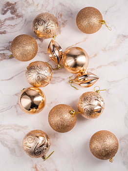 Набор украшений декоративных 12шт золото пластик (шар с блестками 8см-4шт, шар гладкий 8см-2шт, шар с рисунком 8см-4шт, шишка гладкая 10см-2шт) 000000000001208289