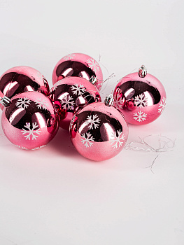 Набор новогодних шаров 6шт 8см Снежинка розовая роза пластик 000000000001208644