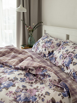 Комплект постельного белья2спDE'NASTIA (пододеяльник175х210см простыня215х240см наволочки50x70см-2шт) Dream Пионы/Клетка фиолетовый/белый жатый хлопок 000000000001227500