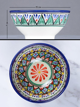 Пиала (коса) 15см RISHTON KULOLCHILIC рисунок мехроб синий Риштанская керамика UZ020/UZ007/UZ028 000000000001206051