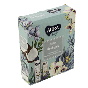 Набор подарочный Aura Beauty Be Happy Крем-гель для душа Кокос и миндаль 250мл + Крем для рук Восстанавливающий 75мл 10480 000000000001202555