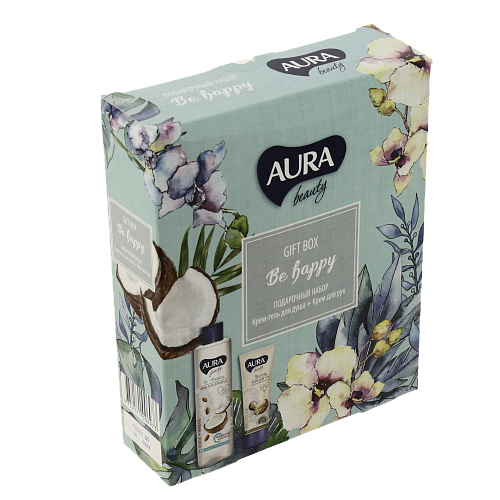 Набор подарочный Aura Beauty Be Happy Крем-гель для душа Кокос и миндаль 250мл + Крем для рук Восстанавливающий 75мл 10480 000000000001202555