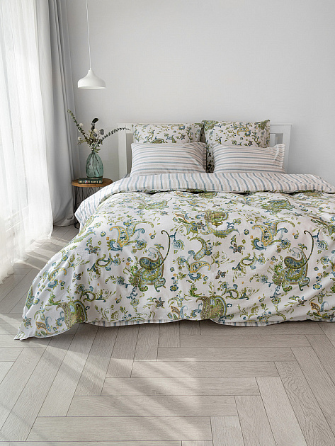 Комплект постельного бельяЕвроDE'NASTIA(пододеяльник200х220простыня230х260наволочки50x70см2шт70х70см2шт)BotehОгурцыПолоскаБелыйЗеленыйСинийЖатыйХлопок 000000000001227510