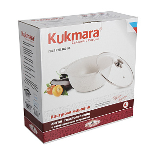 Кастрюля-жаровня 4л KUKMARA Традиция стеклянная крышка антипригарное покрытие светлый литой алюминий 000000000001121250