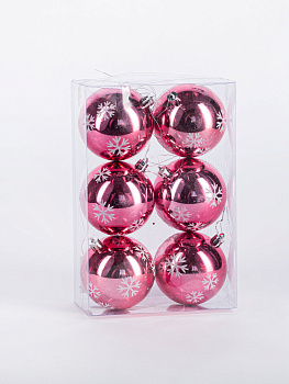 Набор новогодних шаров 6шт 8см Снежинка розовая роза пластик 000000000001208644
