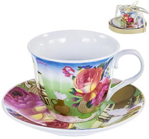 Пара чайная 220мл/блюдце OLAFF Ваза с цветами Флора подарочная упаковка фарфор 000000000001197811