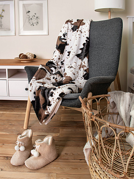 Плед меховой DE'NASTIA Коровка 150х200см 100%Полиэстер белый/коричневый T040126 000000000001193005