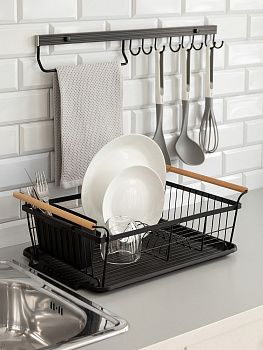 Сушилка кухонная 46x32,5x16см DE'NASTIA с поддоном и ручками черный железо/ПП/бук 000000000001221874