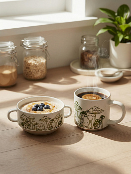 Набор столовой посуды DE'NASTIA breakfast (кружка 360мл/тарелка 380мл) Грибы зеленый керамика 000000000001231321