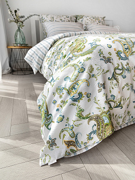 Комплект постельного бельяЕвроDE'NASTIA(пододеяльник200х220простыня230х260наволочки50x70см2шт70х70см2шт)BotehОгурцыПолоскаБелыйЗеленыйСинийЖатыйХлопок 000000000001227510