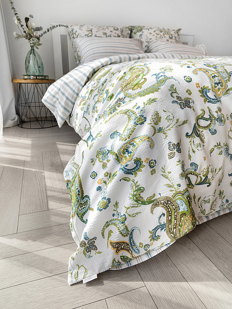 Комплект постельного бельяЕвроDE'NASTIA(пододеяльник200х220простыня230х260наволочки50x70см2шт70х70см2шт)BotehОгурцыПолоскаБелыйЗеленыйСинийЖатыйХлопок 000000000001227510