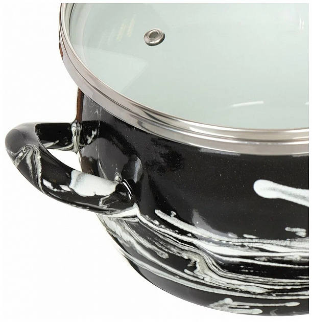 Кастрюля 3л Шейк сферическая форма стеклянная крышка нержавеющая ручка белый/черно-белый эмаль 000000000001210557