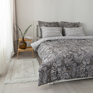 Комплект постельного белья Семейный DE'NASTIA (50x70см-2шт/70x70см-2шт/под-145x210см-2шт/пр-230x260см) Пейсли полоска темно-серый/серый жатый хлопок 000000000001221460