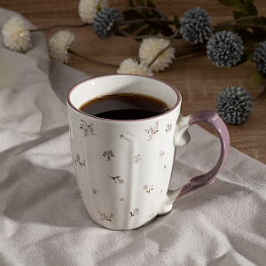 Кружка 340мл DE'NASTIA Vintage цветочный принт фиолетовая кайма ручка белый фарфор 000000000001227046