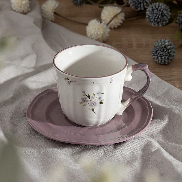 Пара чайная 220мл/блюдце DE'NASTIA Vintage цветы фиолетовая кайма белый фарфор 000000000001227047