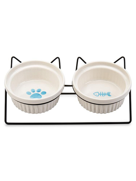 Миска для животных 300мл двойная на подставке ЛАПКИ в ассортименте керамика/металл 000000000001229128