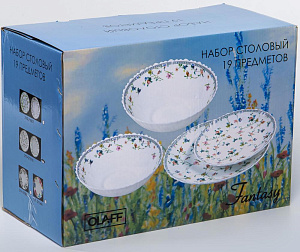 Набор столовый 19 предметов OLAFF ЗИРАНА (тарелки: 19см-6шт, 24см-6шт, салатники: 650мл 17,5см-6шт, 1,5л 23см-1шт) опал 000000000001211225