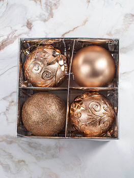 Набор украшений декоративных 4шт золото пластик (шар матовый 10см-1шт, шар с блестками 10см-1шт, шар с рисунком 10см-2шт) 000000000001208292