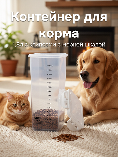 Контейнер для корма для животных 1,8л с клипсами с мерной шкалой полипропилен 000000000001229132