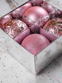 Набор украшений декоративных 4шт розовый пластик (шар матовый 10см-1шт, шар с блестками 10см-1шт, шар с рисунком 10см-2шт) 000000000001208304