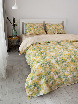 Комплект постельного белья1,5спDE'NASTIA(пододеяльник145х210смПростыня150х215смНаволочки50x70см-2шт)Флёр Орхидеи/Орнамент зеленый/бежевый жатый хлопок 000000000001227502