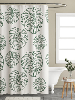 Шторка для ванной 180x200см DE'NASTIA Тропики с водоотталкивающей пропиткой молочный/зеленый полиэстер 000000000001177118