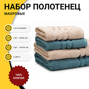 Набор полотенец4шт50х90/70х130см СОФТИ бордюр 3 полоски бирюзовый/бежевый хлопок 000000000001219591