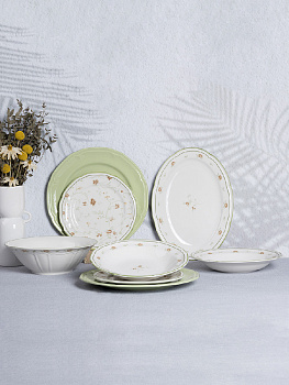 Набор столовой посуды 8 предметов DE'NASTIA Provence dinner цветочный принт зеленая кайма фарфор 000000000001231318