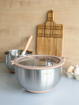 Миска 3л DE'NASTIA прозрачная крышка силиконовое дно бежевый нержавеющая сталь 000000000001228053