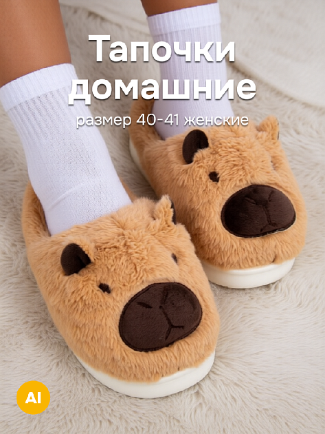 Тапочки домашние 40-41 женские капибара меховые бежевый ЭВА/полиэстер 000000000001228865