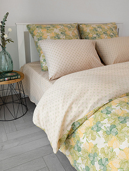 КомплектПостельногоБельяЕвроDE'NASTIA(пододеяльник200х220смПростыня230х260смНаволочки50x70см2шт70х70см2шт)ФлёрОрхидеиОрнаментЗеленыйБежевыйЖатыйХлопок 000000000001227504