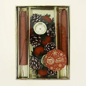 Новогодние свечи 4шт 3,5х11х15см Красный блеск с подсвечником 000000000001209796