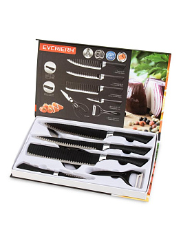 Набор ножей 6предметов(нож-измельчитель19,7см, шеф-нож19см,нож для мяса19см,нож для овощей8,5см, ножницы, овощечистка)черный нержавеющая сталь/пластик 000000000001228523