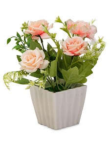 Цветок искусственный в кашпо Розы 19см персиковый пластик 000000000001225668