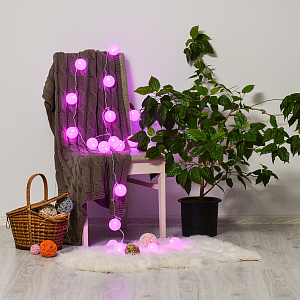 Гирлянда электрическая 1,5м(+0,5м шнур) 10 LED ламп VEGAS Нить Хлопковые шары розовый свет прозрачный провод мерцание АА-2шт (не входят в комплект) 000000000001214524