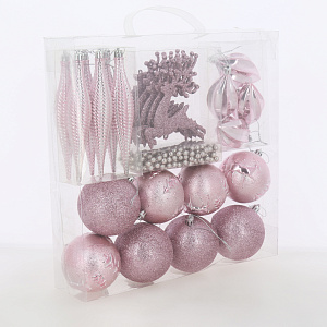 Набор украшений декоративных 25шт розовый пластик(шар матовый+с рисунком 8см по 4шт,сосулька 15см-6шт,олень 13х14см-6шт,шишка 4,5х8,5см-4шт,бусы360см) 000000000001208305