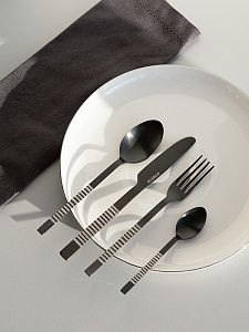 Набор столовых приборов 4 предмета (ложка чайная, ложка столовая, нож столовый, вилка столовая) DE'NASTIA Орион лазер матовый черный нержавеющая сталь 000000000001229637