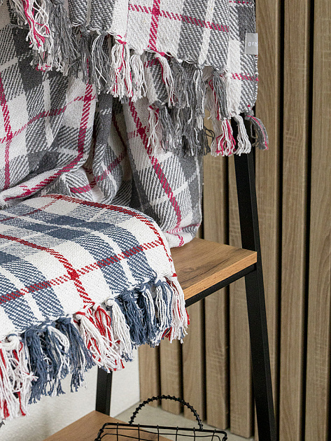 Покрывало 200x220см DE'NASTIA клетка синий/белый хлопок 000000000001229647