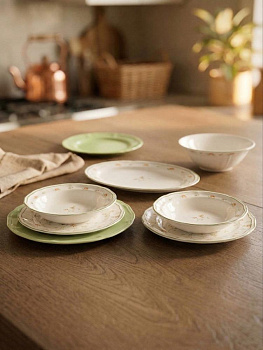 Набор столовой посуды 8 предметов DE'NASTIA Provence dinner цветочный принт зеленая кайма фарфор 000000000001231318