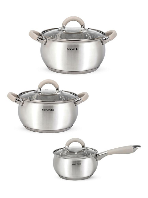 Набор посуды для приготовления 6 предметов SERVITTA Verde (ковш 1,8 л/кастрюля 2,3 л/кастрюля 3,3л) нержавеющая сталь 000000000001229037