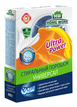 Стиральный порошок HOME WORK универсал Ultra Power д/ цветного и белого ручная и машинная стирка без фосфатов 400 гр к/п 647 000000000001194631