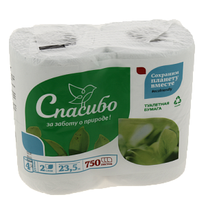 Бумага туалетная 2сл 4шт 23,5м Спасибо за заботу о природе белая 19272 000000000001202506
