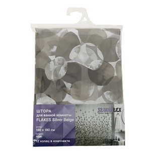Штора для ванной комнаты 180*180 STUDIOTEX Flakes Silver Beige 12 колец  PEVA артикул 6139615 000000000001202795